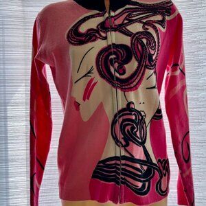 Vintage Noun Paris Art Sweater – Pink Zip-Up Graphic Knit – Beaded Accents – S/M